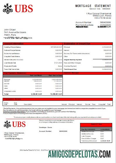 Declaração de hipoteca do Banco UBS da França Scr exemplo